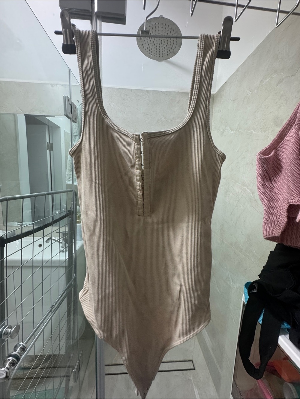 Ribbed Scoop-Neck Bodysuit in Beige